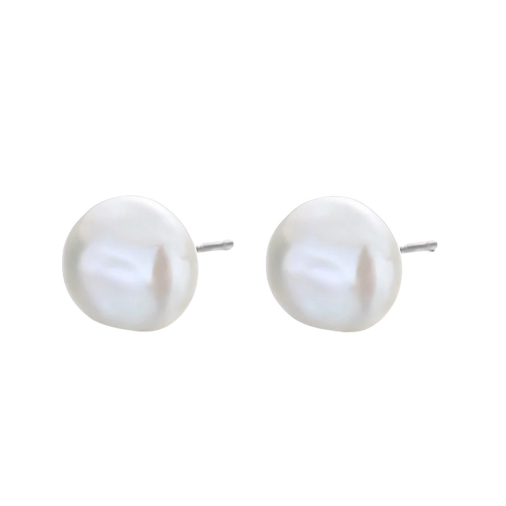 8-9mm Freshwater Pearl Stud Earrings – AA Grade Button Shape – Rhodium Brass Set